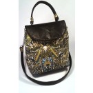 Borsetta in pvc stampato motivo ulivi con patta in pelle nera