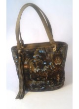 Borsa secchiello con cerniera in canvas motivo sub verde, rifiniture in camoscio